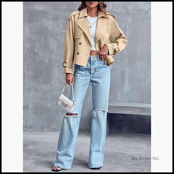 Women's Crop Double Breasted Trench Coat Raglan Sleeve Jacket - Picture 4 of 7